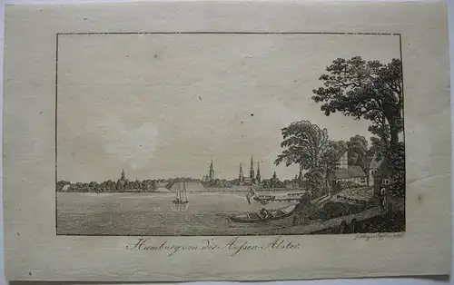 Stammbuchblatt Hamburg Gesamtansicht von d Außen Alster Orig. Kupferstich 1820