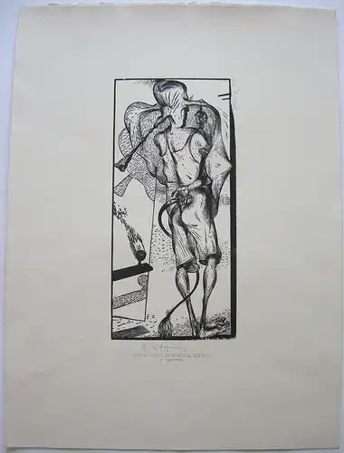 Karl Georg Hirsch (1938). Figur mit Peitsche Orig Holzschnitt 1995 signiert