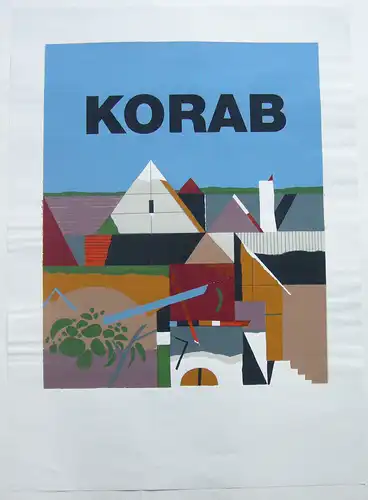 Karl Korab (1937) Plakat vor der Schrift Pyramide mit Landschaft Lithografie