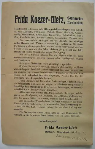 Prospekt von Frida Kaeser-Dietz Seherin (Schreibmedium) Stuttgart Hellsehen 1930
