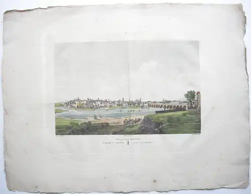 Vista general Badajoz Estremadura kolor. Aguafuerte Dequevauviller Laborde 1806