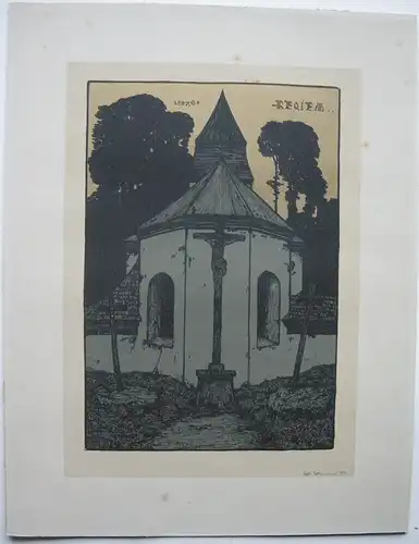 Gustav A. Gamper (1873-1948) Requiem Kapelle Orig. Lithografie 1897 signiert