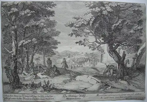 Die Mittagsruhe Meridiatio Orig. Kupferstich bei Martin Engelbrecht um 1740