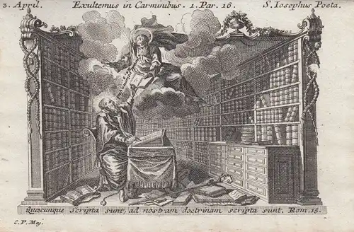 Gebrüder Klauber Hübsche Darstellung Bibliothek  Hl Josef Poeta Kupferstich 1750