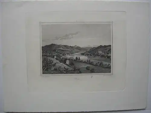 Bad Tölz Oberbayern Gesamtansicht aus der Ferne Isar Stahlstich Emminger 1850