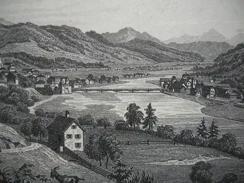 Bad Tölz Oberbayern Gesamtansicht aus der Ferne Isar Stahlstich Emminger 1850