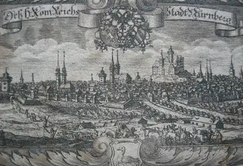 Nürnberg Gesamtansicht Arkanthus-Rahmen Orig Kupferstich 1600 Mittelfranken