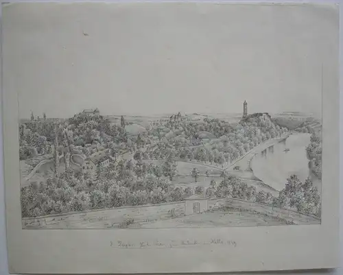 Halle Saale Ansicht Bleistiftzeichnung 1849 Giebichstein Sachsen-Anhalt