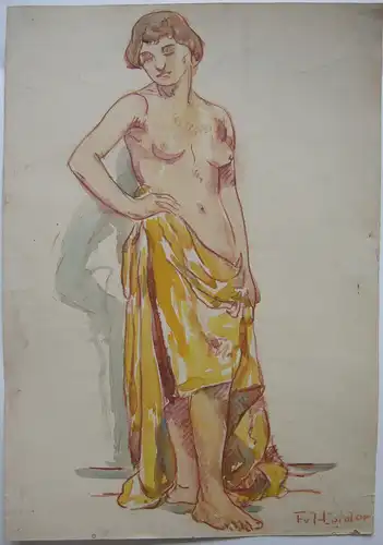 Fritz von Heider (1868-1933) Weiblicher stehender Halbakt Aquarell Rötel 1900