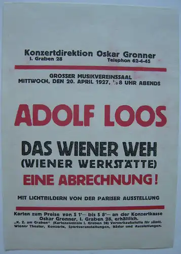 Wiener Werkstätte Adolf Loos Wiener Weh Eine Abrechnung Handzettel 1927
