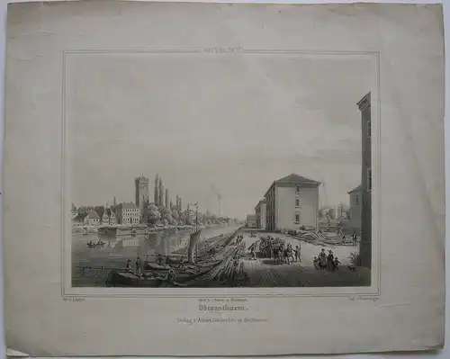 Heilbronn Teilansicht Götzenturm Neckar Hafen Lithografie Emminger 1865