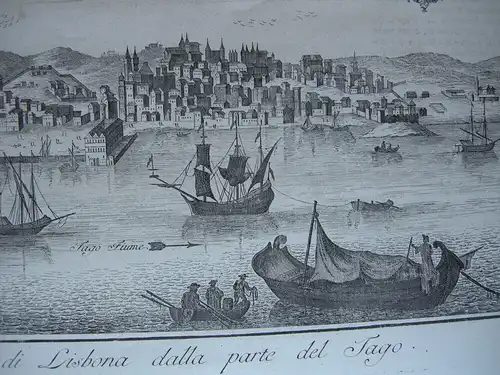 Lissabon Lisboa Gesamtansicht vom Tajo aus Kupferstich 1745 Portugal