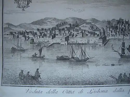 Lissabon Lisboa Gesamtansicht vom Tajo aus Kupferstich 1745 Portugal