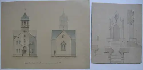 Kirchenarchitektur 15 Architekturzeichnungen G Reichenbach 1880 Aquarell Sachsen