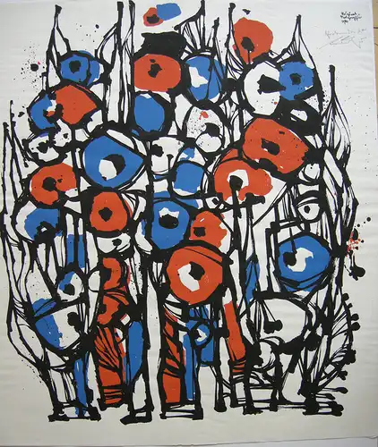 Hans Prähofer (1920-2005) Blumen rot blau Serigrafie 1984 signiert Probedruck