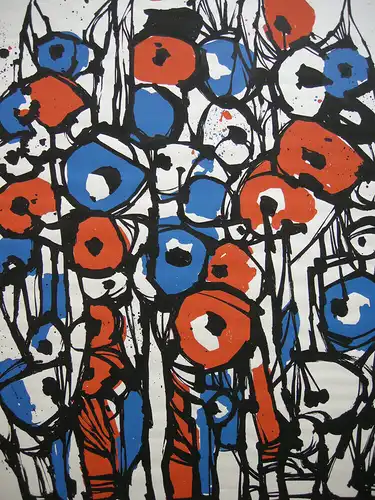 Hans Prähofer (1920-2005) Blumen rot blau Serigrafie 1984 signiert Probedruck