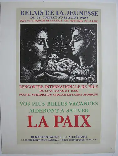 Pablo Picasso La Paix 1950 Orig Lithografie Maitres de l'Ecole 1959