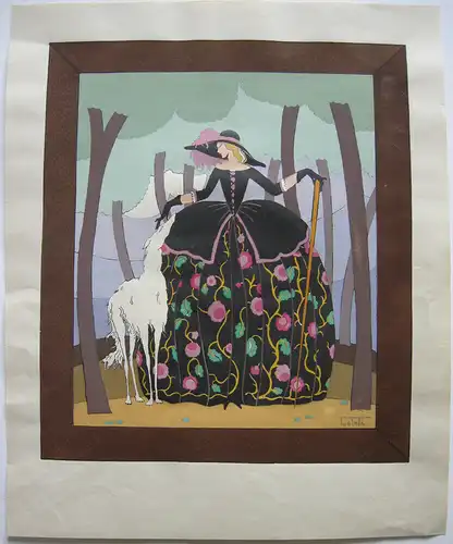 ART DECO Dame in herbstlichem Kleid Windhund Orig Pochoir 1925 Coleth