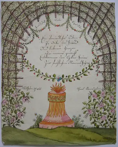 Freundschaftsbild Rosenlaube Aquarell Feuer Stammbuch 1816 Liber amicorum