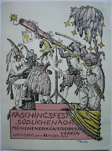Faschingsfest Südliche Nacht München 1936 Farblithografie Julius Diez Handplakat
