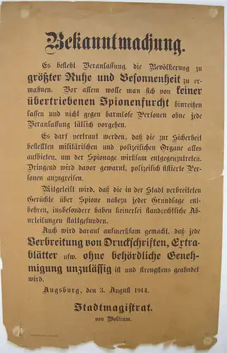 Augsburg Bekanntmachung Ermahnung zu Ruhe und Besonnenheit 1. Weltkrieg 1914