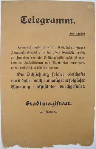 Augsburg Bekanntmachung 1. Weltkrieg 1914 Vorschrift Kassenschein Zahlungsmittel