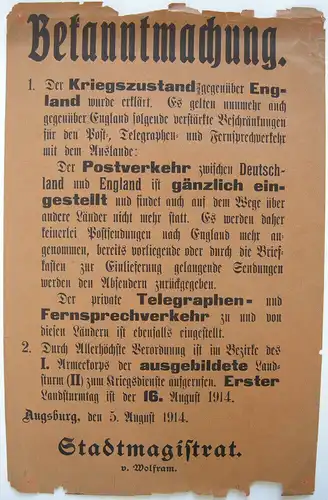 Augsburg Bekanntmachung Kriegszustand England 1. Weltkrieg 1914