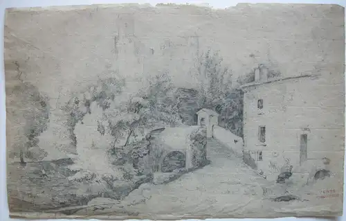 H.-J.-St Ange Chasselat (1813-1880) Bachlandschaft Mühle Bleistiftzeichnung 1860