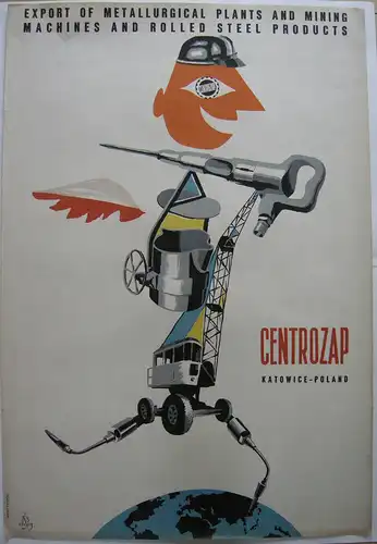 Plakat Bergbaumaschinen Katowice Centrozap Polen Entwurf Jerzy Moskal um 1960