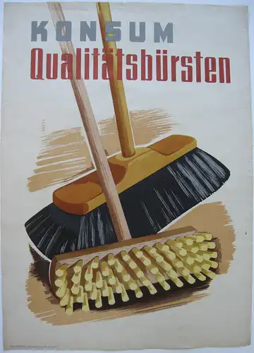 Plakat Konsum Qualitätsbürsten Werbung DDR Lithografie Entwurf Lenz um 1960
