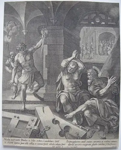 Jan I Sadeler (1550-1600) Befreiung Silas und Paulus Kupferstich 1580 nach Vos