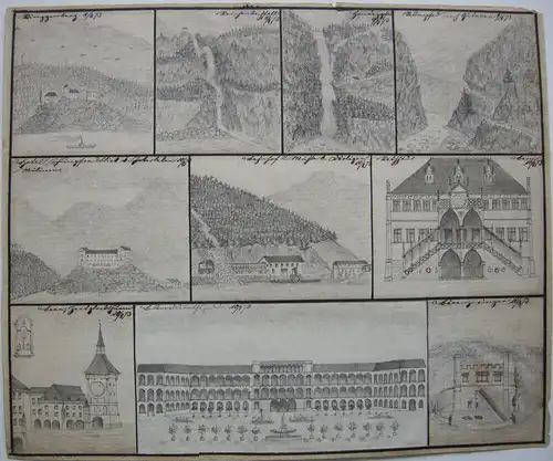 Schweizer Orte 10 Miniaturzeichnungen Bleistift 1873 Schweiz Bern Ringgenberg