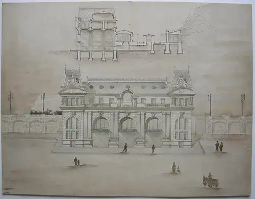 Entwurf Bahnhof Frankreich Fassade Querschnitt Aquarell 1880 France