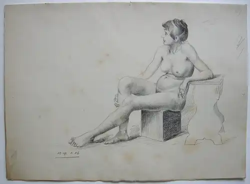 Sitzender weiblicher Akt Akademiestudie Orig Bleistiftzeichnung 1886