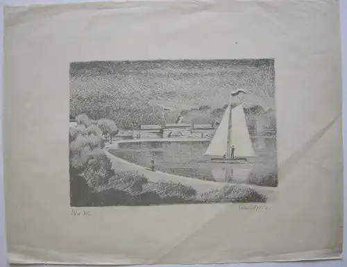 Segelboot vor Raddampfer Zürichsee (?) Orig. Lithografie  signiert Stauffer 1925