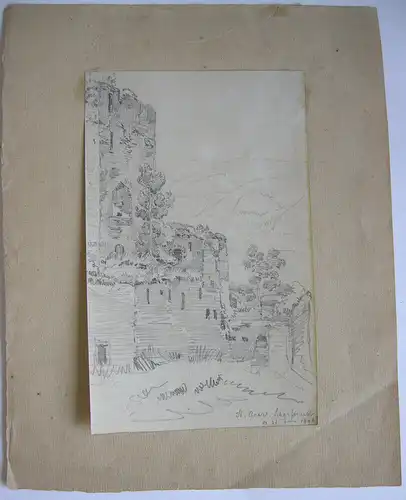 St. Goar Scharfeneck Rheinfels Orig Bleistiftzeichnung 1846 Rheinland Pfalz