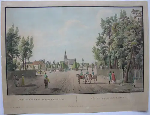 Wien Aussicht vom Prater altkolorierte Umrissradierung 1840 Österreich Ziegler