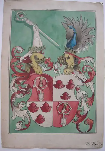 Bischöfliches Adelswappen Aquarellierte Tuschszeichnung signiert 1900 Heraldik