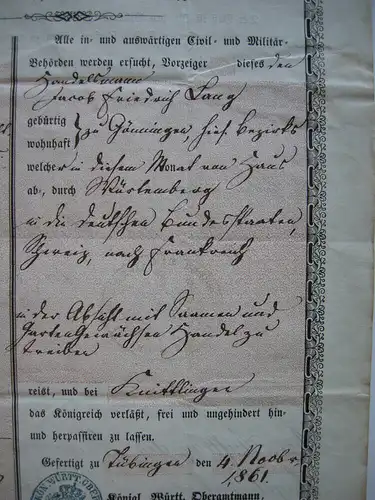 Reisepass Jak. Ferd. Lang Württemberg Frankreich Tübingen 1861