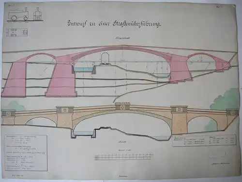 Entwurf Straßenüberführung Johannes Reichenbach 1919 Aquarell Akademie-Zeichnung