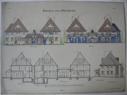 Entwurf Kleinbahnhof Johannes Reichenbach 1919 Aquarell Akademie-Zeichnung