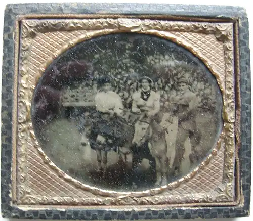 Daguerreotypie Drei Personen auf Eseln gerahmt um 1850
