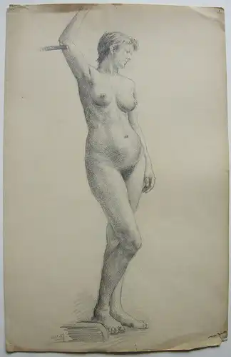 Stehender weiblicher Akt erhobener Arm Akademiestudie Orig Kohlezeichnung 1887