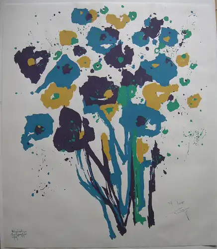 Hans Prähofer (1920-2005) Blumenstilleben Blau Gelb Serigrafie 1989 signiert