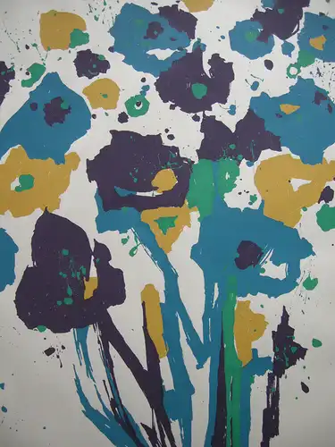 Hans Prähofer (1920-2005) Blumenstilleben Blau Gelb Serigrafie 1989 signiert