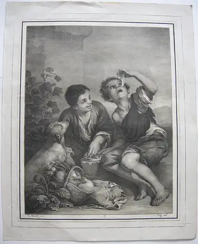 Ferdinand Piloty (1786-1844) Buben Melonen essend Inkunabel Lithografie Murillo