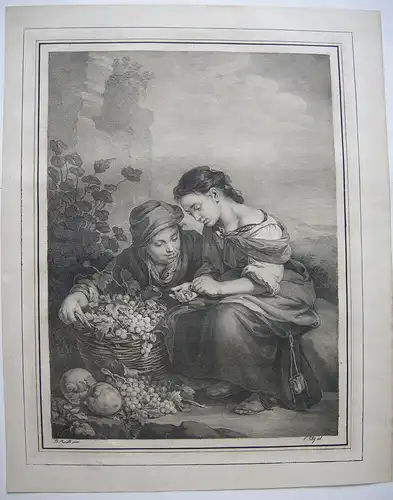 Ferdinand Piloty (1786-1844) Weintrauben-Verkäufer Inkunabel Lithografie Murillo
