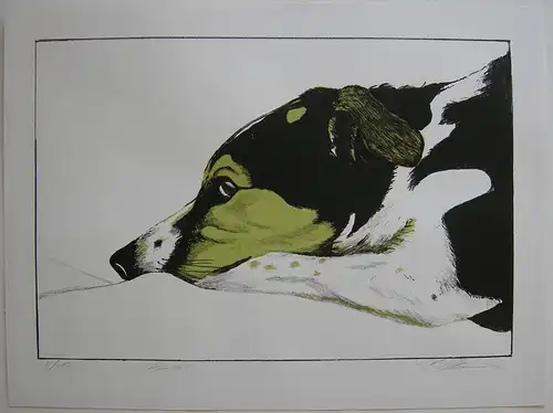 Sibille Clemens (XX) "Kucki" Liegender Hund Orig Farblithografie signiert
