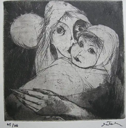 Mutter und Kind Orig. Radierung 1961 unleserlich signiert