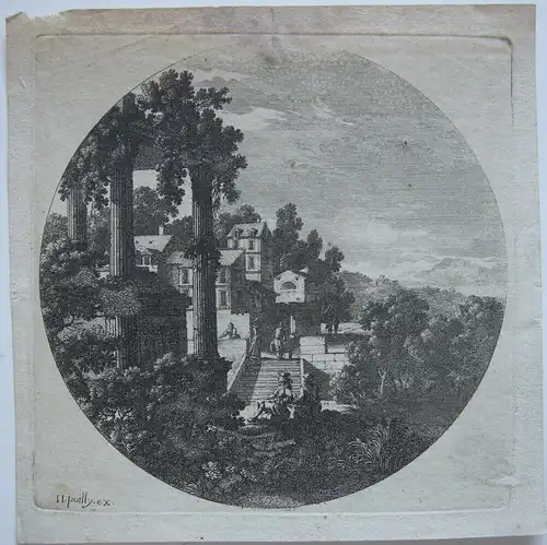 Nicolas Poilly (1626-1693) Arkadische Landschaft Orig Kupferstich 1680
